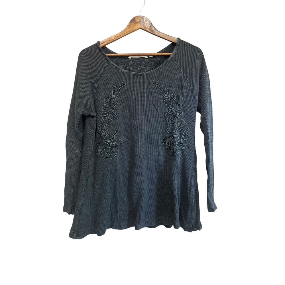 Soft Surroundings Top Womens M Gray Excellent Waffle Knit Embroidered Boho